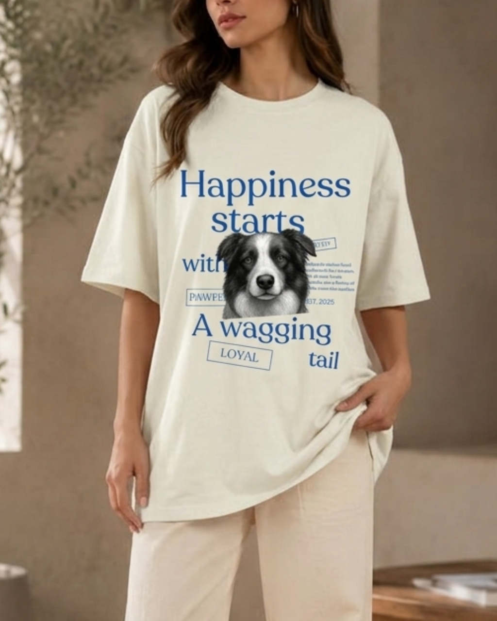 Wagging Tail Border Collie Unisex Oversized Graphic Printed T-Shirt