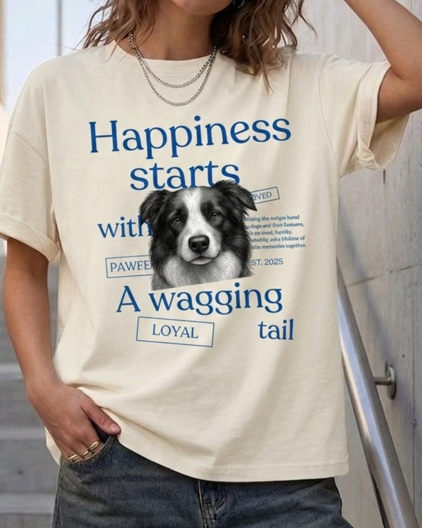 Wagging Tail Border Collie Unisex Oversized Graphic Printed T-Shirt